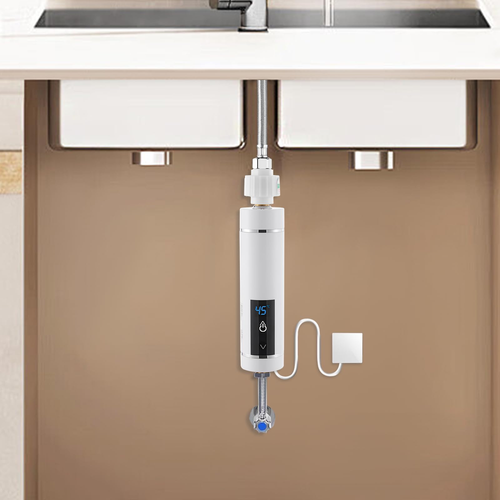 Calentador de agua eléctrico instantáneo compacto para montaje en pared, calefacción instantánea con control de temperatura inteligente para cocinas y baños (blanco)
