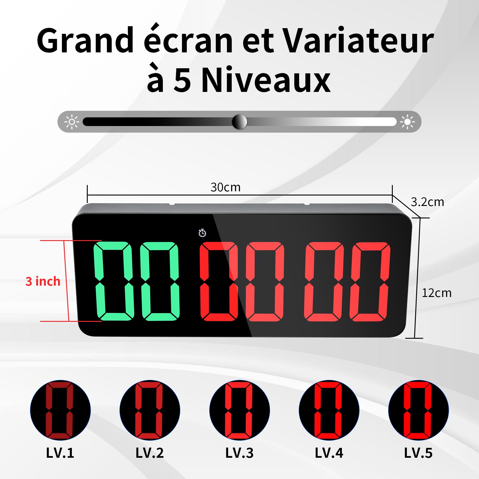 Timer Sport, Minuteur Fitness 3" Grand Ecran Time, 12/24 Heures Horloge Murale Numérique LED, Chronomètre avec Télécommande, Minuteur d'intervalle, Time pour Salle de Sport Garage à Domicile