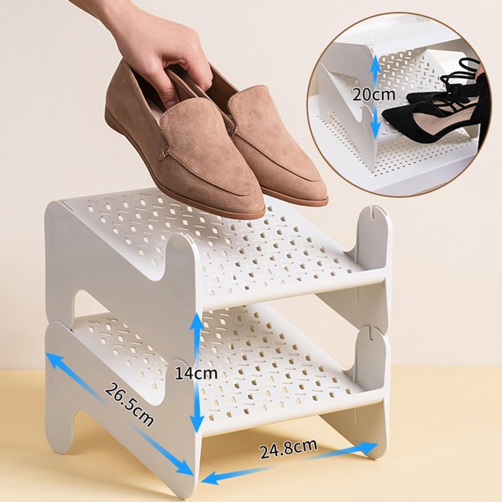 Plastic Shoe Slots Organizer, Adjustable Double Layer Stack Shoe Rack, Shoe Slots Organizer For Closets Space Saver, Removable Shoe Stackers (Color : White, Size : 2 pcs)