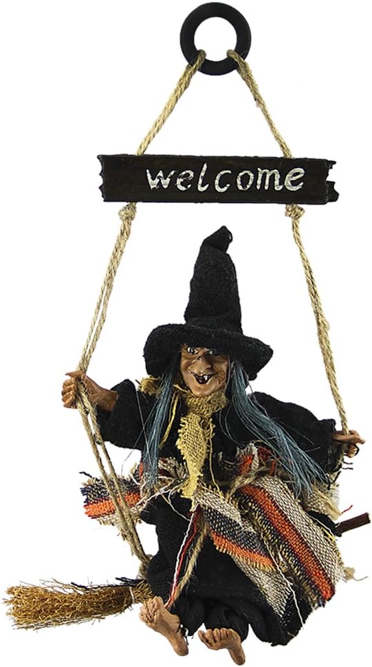 Clobeau Hanging Animated Witch on Broomstick Halloween Decoration Dolls Pendant Haunted House Decorate Props KTV Bar Restaurant Door Indoor Outdoor Decor Hanged Wizard Welcome Figure