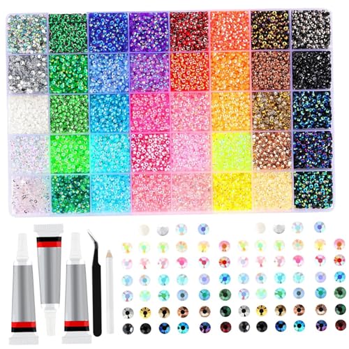 Kit éblouissant de strass en résine de 32 000 pièces avec 3 pièces colle 10 ml, kit d'éblouissement strass colorés 0, 3 cm pour vêtements artisanaux, tasses, chaussures, tissu, N