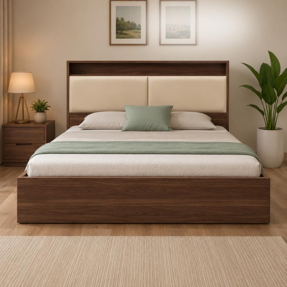 FOSEN Queen Size Hydraulic Storage Bed with Upholstered Headboard & Integrated Shelf | Engineered Wood Bed Frame with Premium Melamine Finish, 9-Compartment 750L Storage-image-43