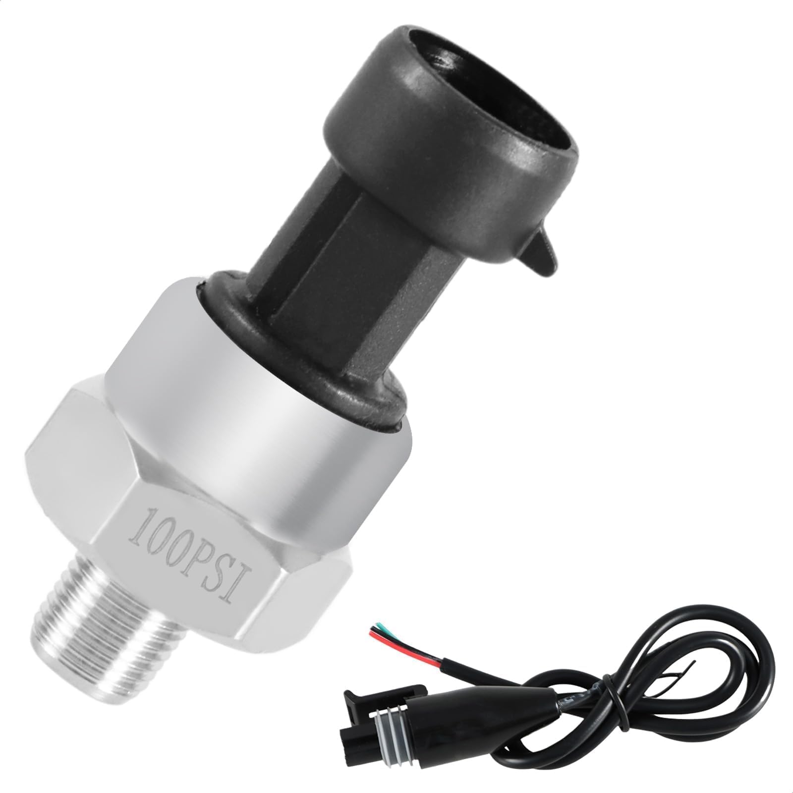 FUSCH 100 PSI Pressure Transducer Sensor with Connector Harness, 1/8"NPT Thread Stainless Steel Pressure Transmitter for Oil Fuel Water Ail