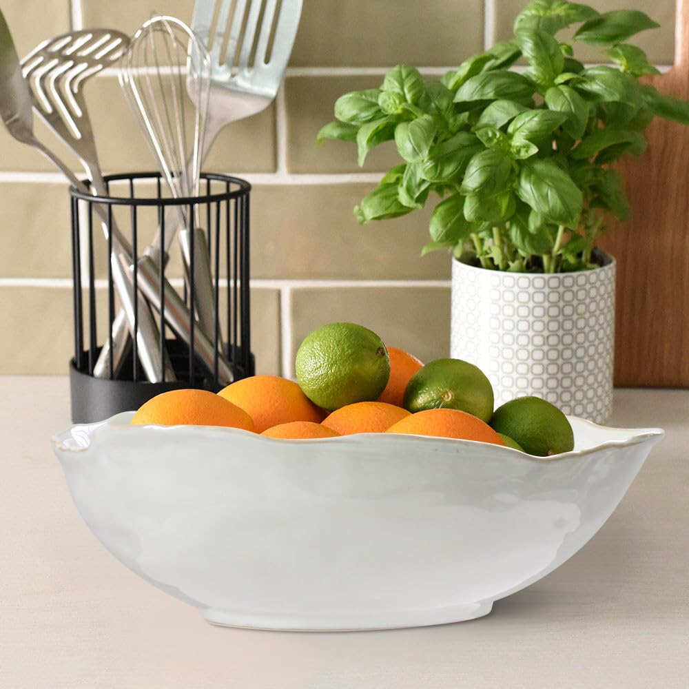 Olly & Rose Grande ciotola in gres, bianco lucido con bordo beige, diametro 26,5 cm, in ceramica per insalata, frutta, pasta e esposizione