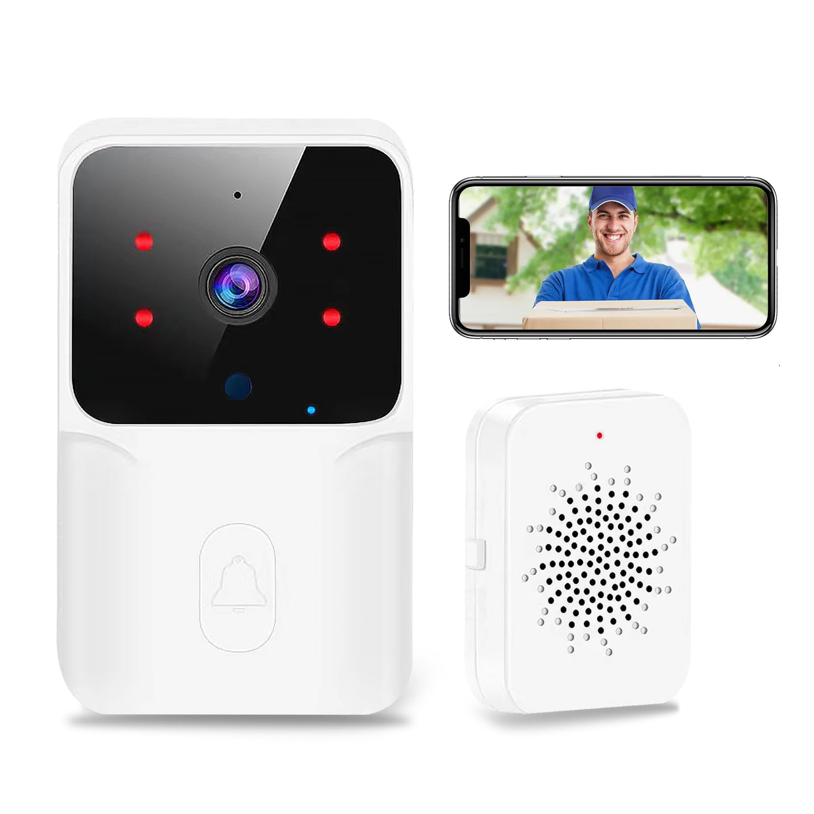 Genérico Timbre Videoportero Inalámbrico con Cámara HD1080P,Resistente al Agua,Visióm Nocturna,Videocitofono WiFi,Intercomunicador Bidireccional,Control De Aplicaciones,Instalación Inalámbrica