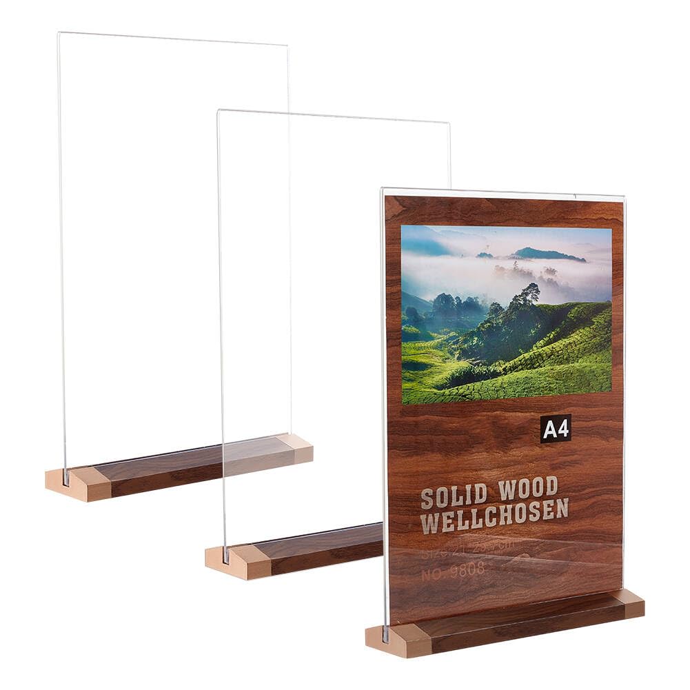 OLYCRAFT Juego de 3 soportes acrílicos A4 para letreros de mesa, 21 x 5,1 cm, base de madera, soporte de menú, soporte de doble cara, soporte de acrílico en forma de T en ambos lados para restaurantes