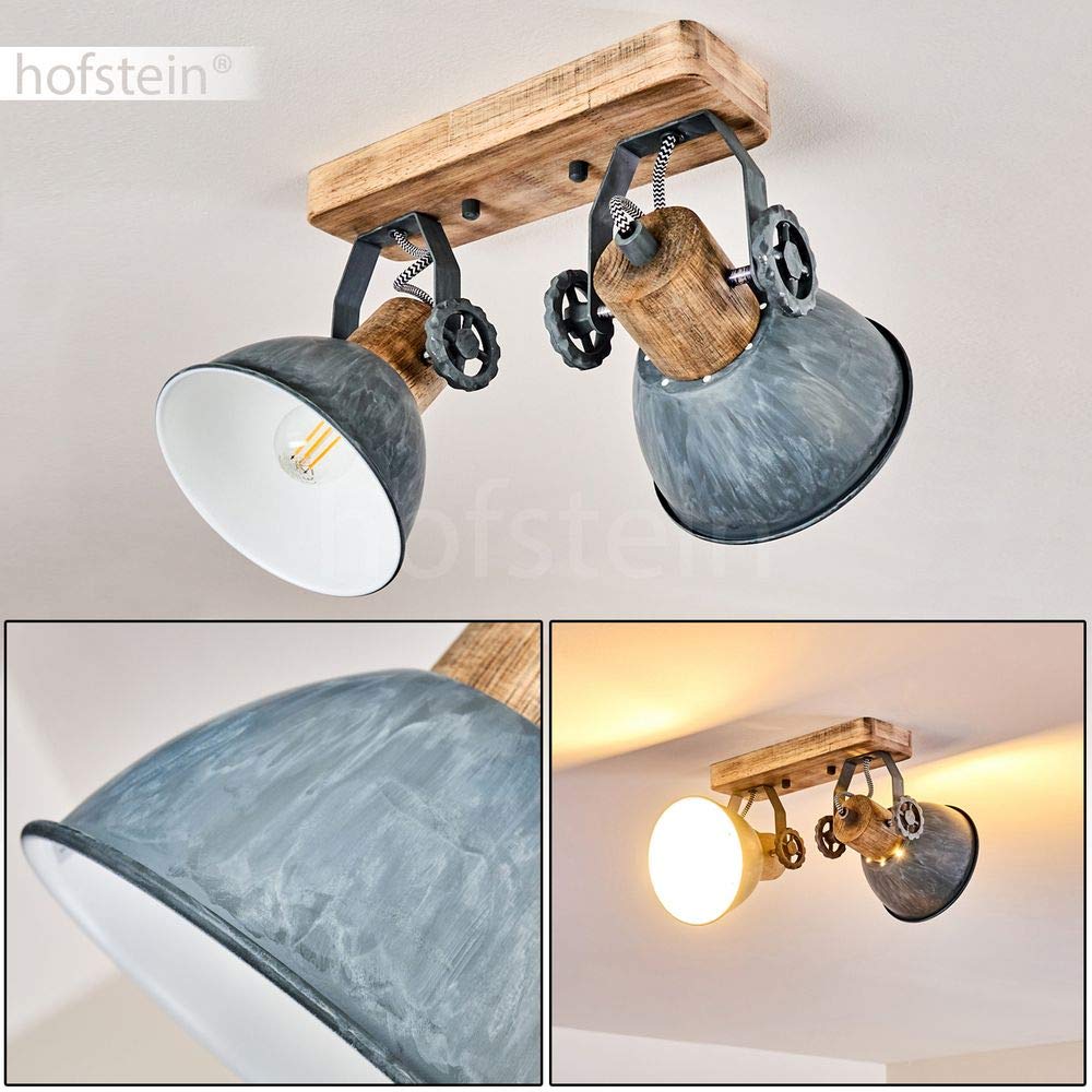 Plafoniera Orny, 2 luci, con faretti regolabili, lampada da soffitto in metallo/legno in grigio/bianco/marrone, 2 x attacco E27, faretto dal design retrò/vintage, senza lampadina/e