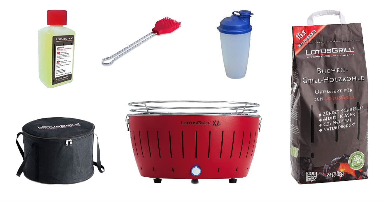 LotusGrill XL Starter Juego de 1 x lotusgrill XL Fuego Rojo 1 x haya Carbón vegetal 1 kg, 1 x quemar 200 ml, 1 x Marini Pincel de color naranja