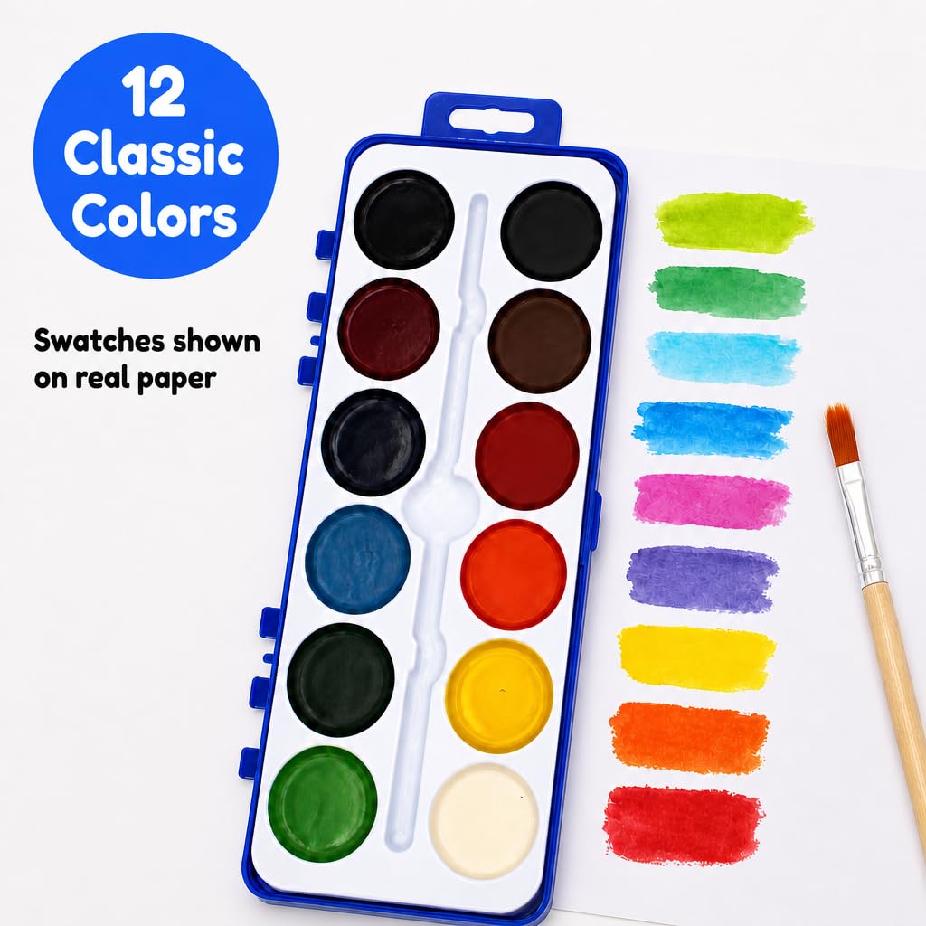Aquarellfarben-Set mit Holzpinseln, 12 waschbare Farben mit 25 % mehr Farbe, 18 Stück