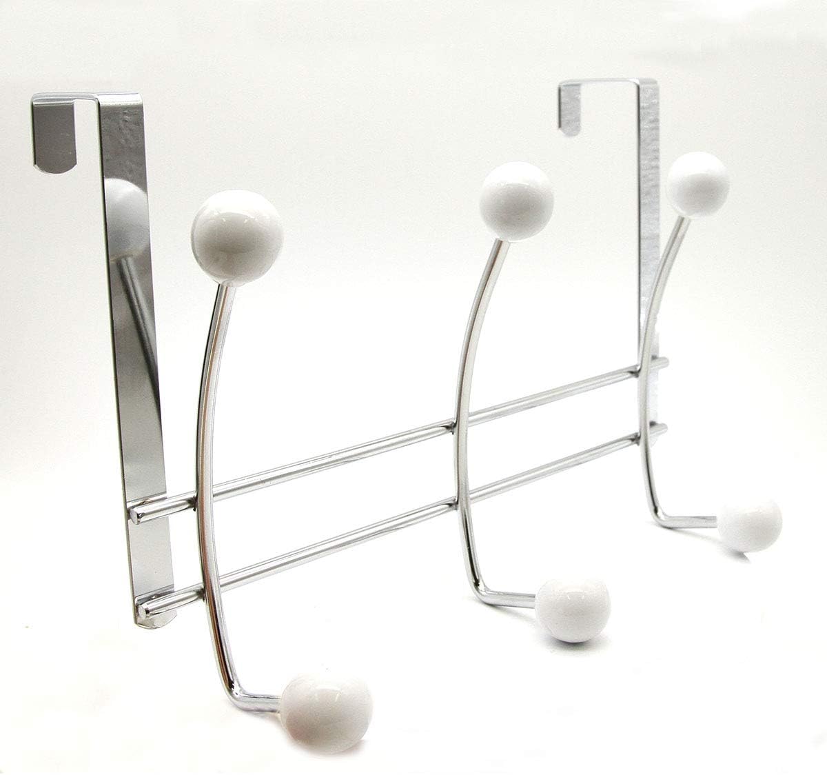 Over The Door Hook Rack Chrome Finish with 6 White Ball Ends - Double Metal Hanger Fits Standard Doors for Hats Coats Towels Bags Scarves - Entry Closet or Bathroom Use