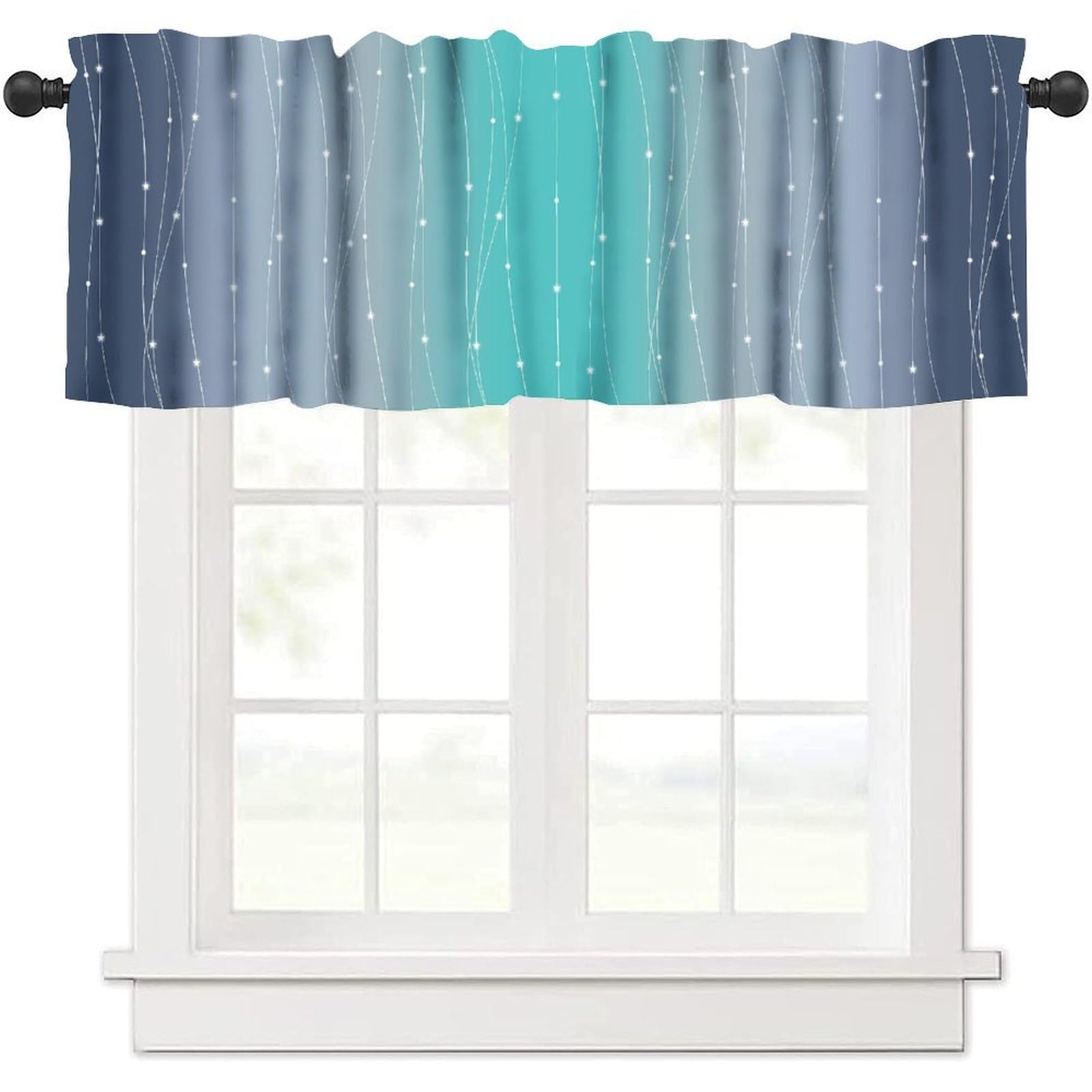 moderw Navy Blue and Teal Ombre Window Valance Curtains Teal Blueish Gray Window Treatments Geometric Wavy Stripe Aesthetics Abstract Gradien Curtain Valance for Living Room Kitchen 54x18inch