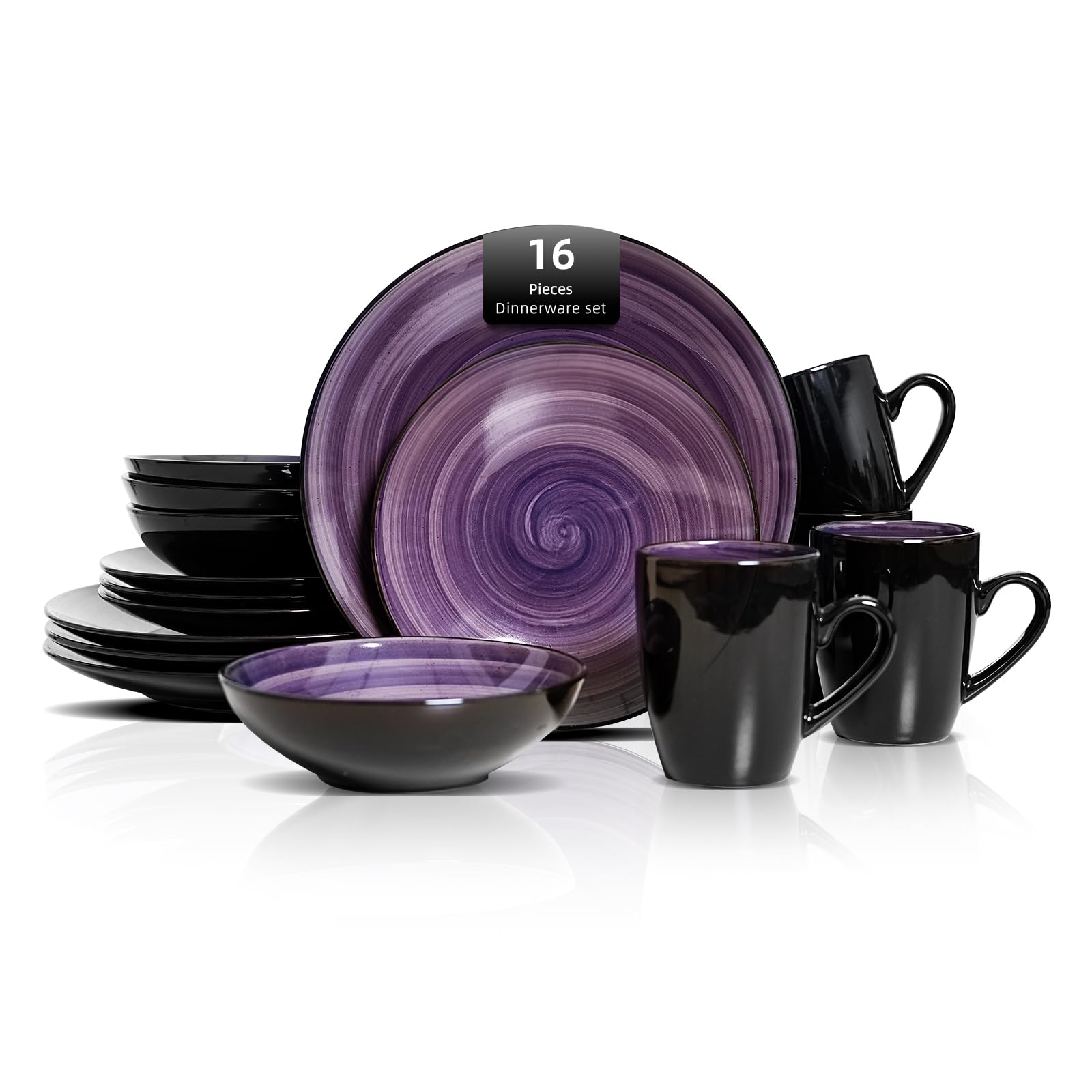 HomeVss Sonoma Geschirr-Set, 16-teilig, für 4 schwarze und gesprenkelte violette Teller und Schüsseln, mikrowellen- und spülmaschinenfest, Spinwash Purple