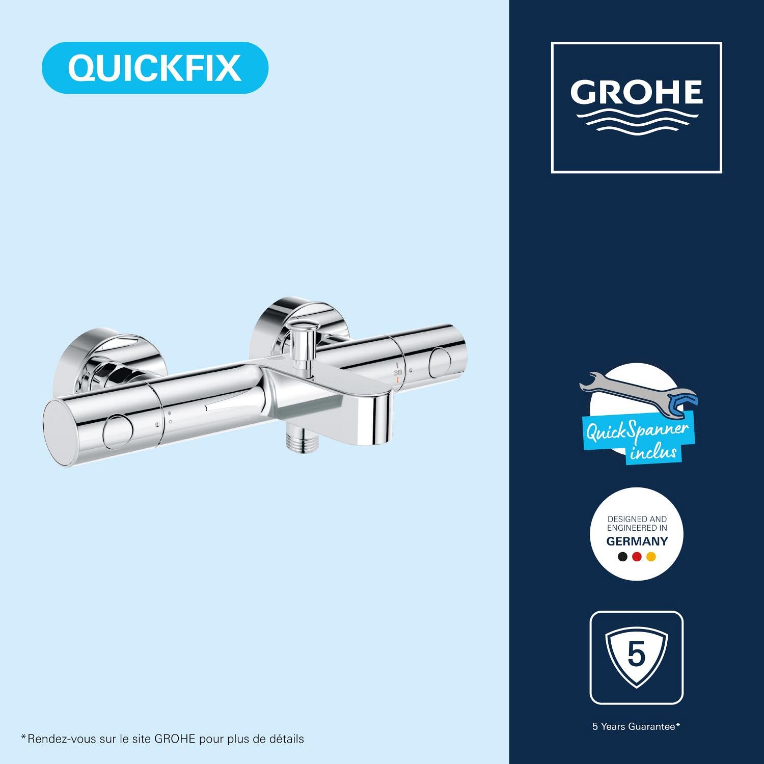 GROHE Mitigeur thermostatique bain douche Precision Get, montage mural, indicateur de température, filtres intégrés, poignées métalliques, rosaces incluses, chromé, 34774000 (Import Allemagne)