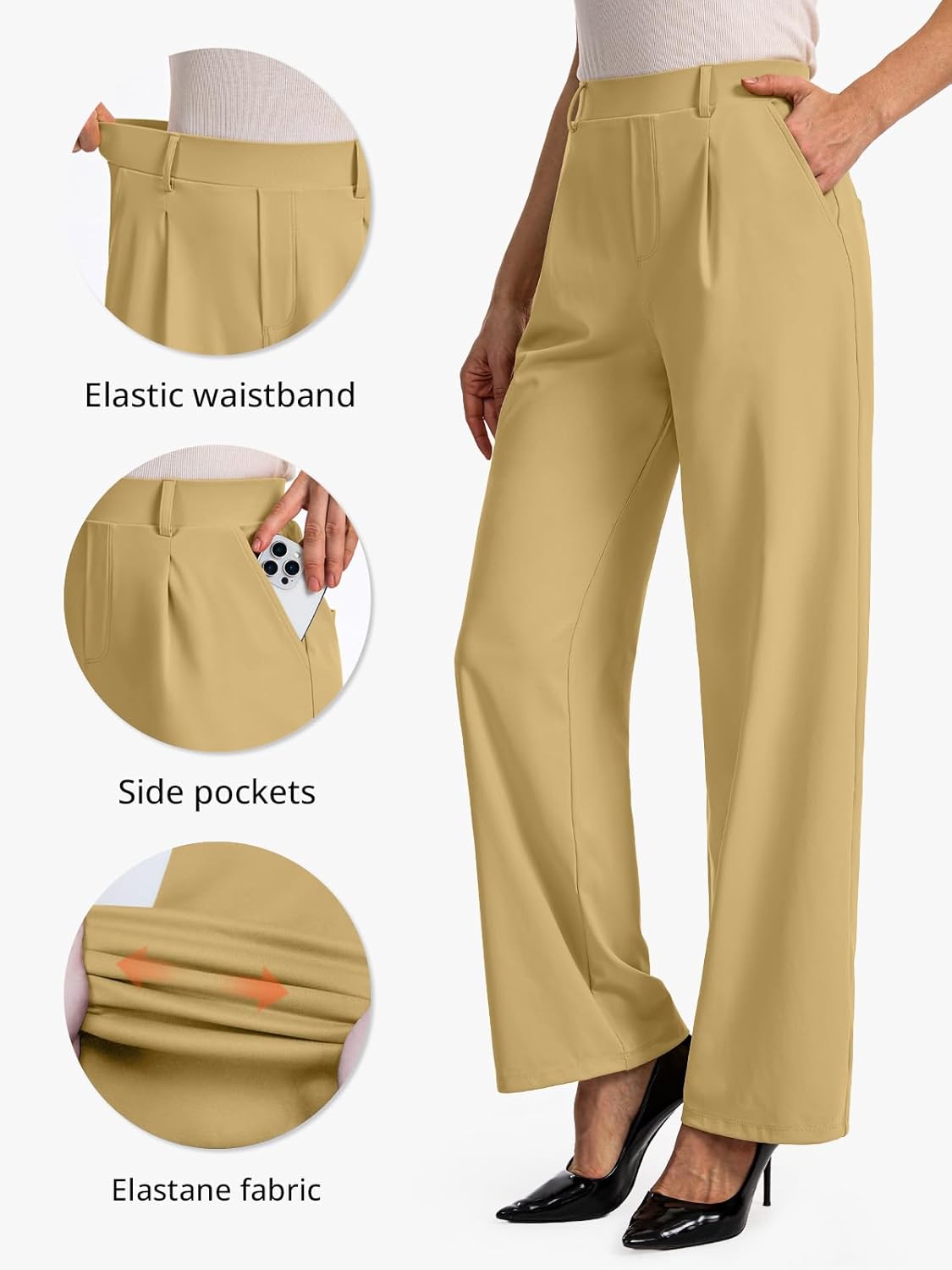 Feiersi Womens Dress Pants Wide Leg Stretchy Work Pants High Waisted Pull On Casual Trousers with Pockets - Image 4