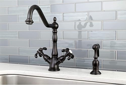 Miniatura 8 de Kingston Brass KS1238TXBS French Country - Grifo de cocina con rociador de latón, níquel cepillado