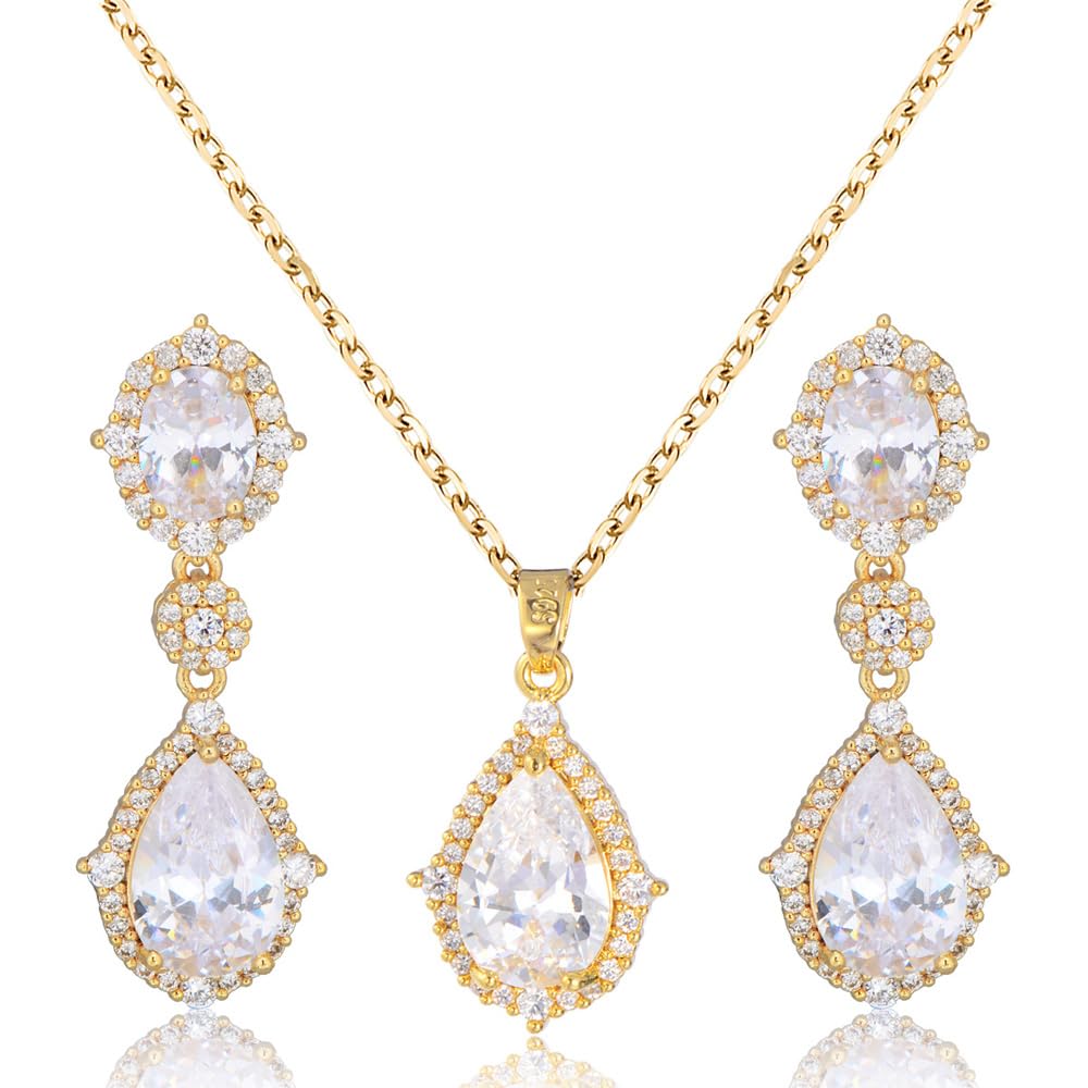 TOFBS Juego de Joyas para Mujer Vintage Glamour Oro Juego de Joyas Lágrimas Cristales Juegos de Joyas con Zirconia Cúbica Colgante Collar y Pendientes Joyería de Fiesta