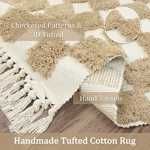Lahome Checkered Boho Bathroom Rug, 4X6 Rugs For Living Room Washable Bedroom Rug With Tassels, Farmhouse Kitchen Rugs Cotton Tufted Indoor Throw Rug For Dining Guestroom Gifts, Khaki #TOP1