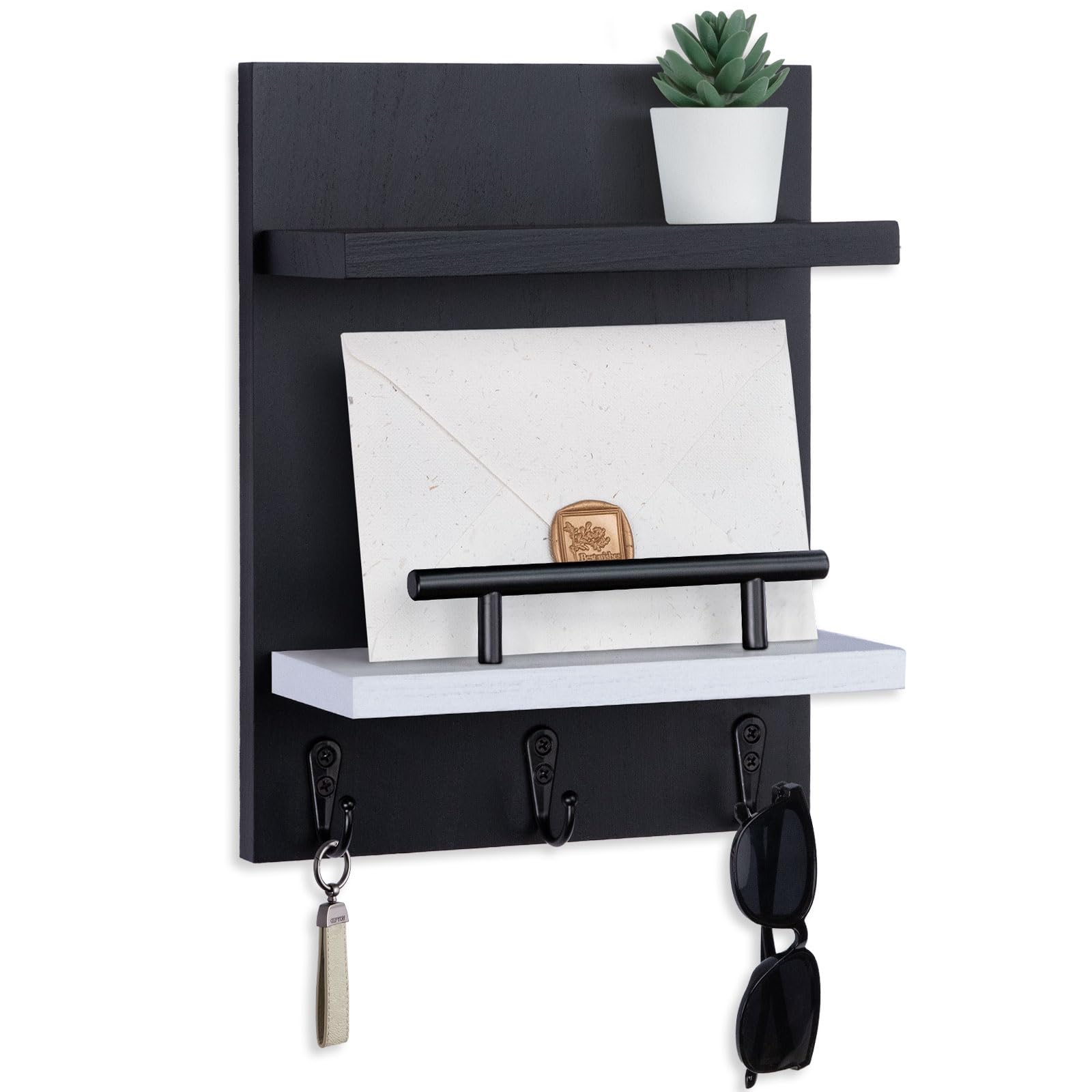 Key Holder Wall Mount, Key Holder With 2 Display Shelf, 3 Hooks for Key, Coat, Dog Leash, Key Hanger with Hook for Mail, Potted Plant, Farmhouse Mail