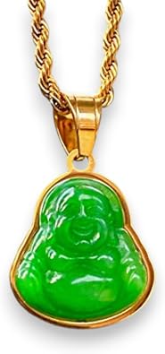 Green Jade Laughing Buddha Pendant Necklace Certified Grade A Jadeite, Tiny Handcrafted Buddha Amulet with 14K Gold Finish Rope Chain, Good Luck Jade Medallion for Men & Women