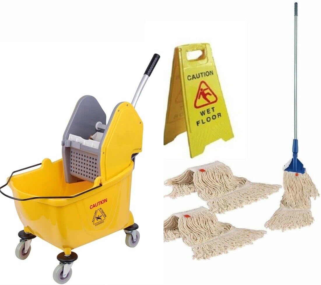 Bayersan 24l Kentucky Mop Bucket With Wringer Complete Mop & 3 Mop Heads And Wet Floor Sign For