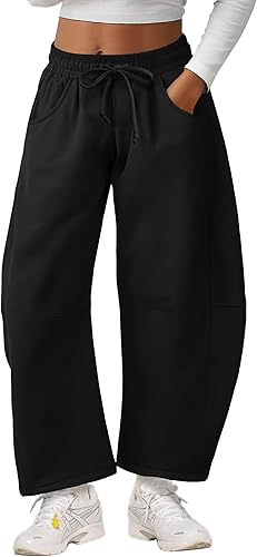 Barrel Sweatpants Women Casual Baggy Wide Leg Gym Trousers with Pockets Black XS