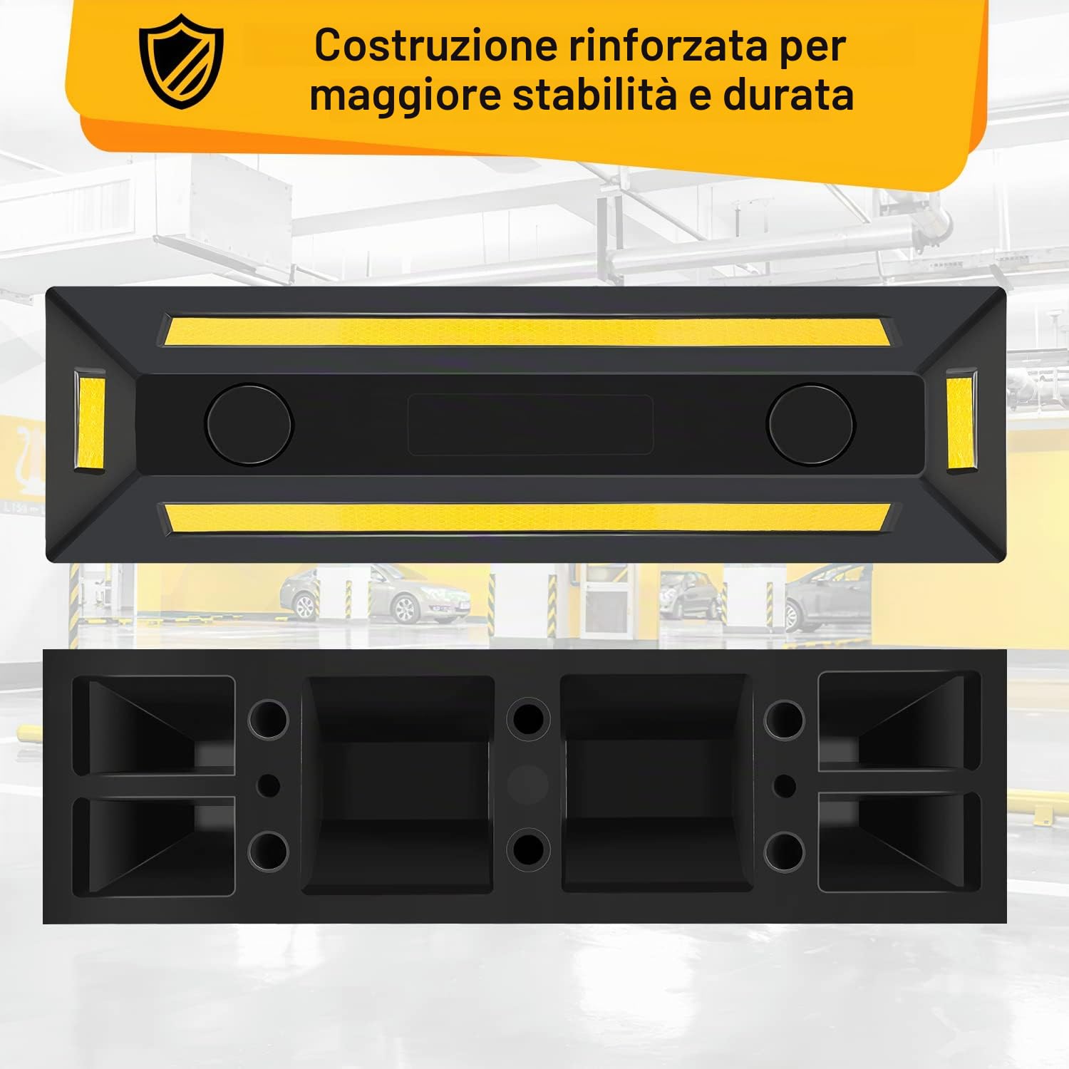 Fiqops 2 fermi ruota in gomma con strisce riflettenti gialle, 54 x 15 x 10 cm, limitatore parcheggio, fermaporta con vite estensibile, barriere parcheggio per parcheggio garage