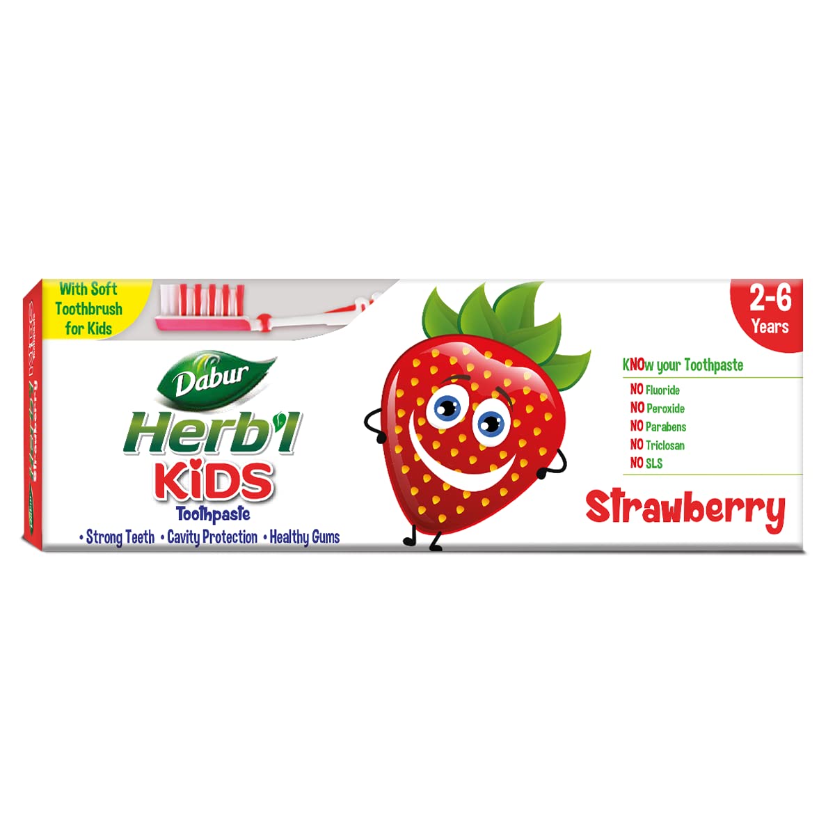 Dabur Herb'l Plus Kids Strawberry Toothpaste 50g | With Soft Toothbrush | For Strong Teeth & Healthy Gums