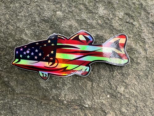 Image of Holographic Bass Sticker - American Flag - Fishing Decals for Trucks - USA Flag Patriotic Country