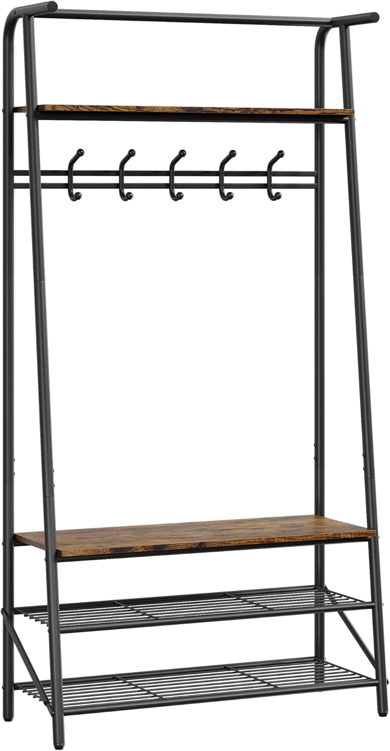 IDEALHOUSE Entryway Hall Tree, Coat Rack with Shoe Storage and Seat, Steel Frame with Wood Accents, Double-Row Hooks, Top Shelf Organizer, 10 Hooks, Black