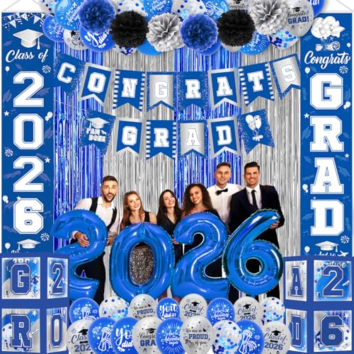 Blue and Silver Graduation Decorations Blue and White Graduation Decorations 2026 Blue and White Congrats Grad Banner Class of 2026 Decorations Grad Party Decorations 2026 Graduation Banner