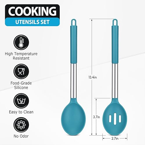 Miniatura 2 de Paquete de 2 cucharas de cocina grandes de silicona, antiadherentes de acero inoxidable ranuradas y sólidas para servir, mezclar, drenar,