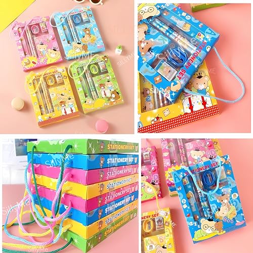 Image of 6pcs Cute Cartoon Stationery Set - Includes Pencil, scale, eraser - Return Gifts Birthday Party for kids - Best Birthday Return Gifts for Kids in Bulk - Return Gifts for Kids Age 8 12 3 5 6