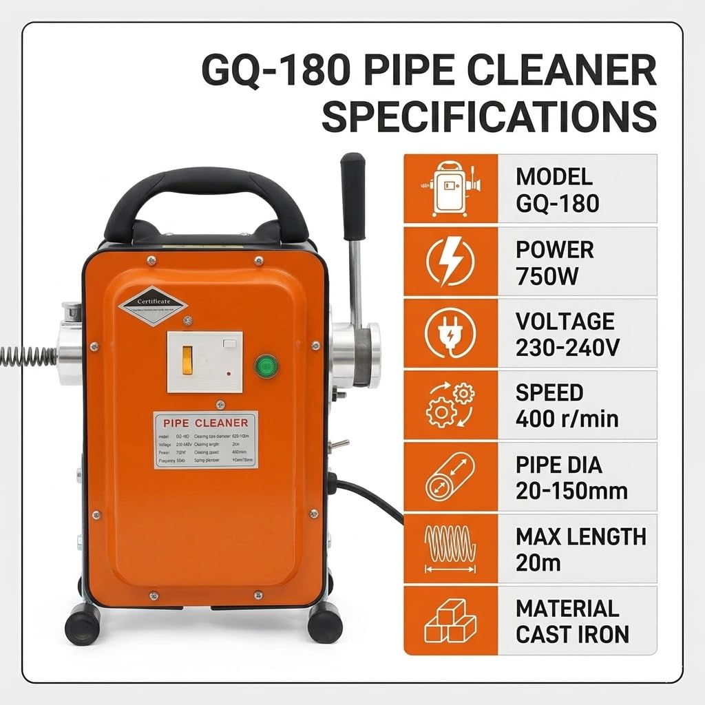 750 W 400 rpm - Máquina de limpieza de tuberías eléctrica con interruptor FI, para tuberías de 20 a 150 mm de diámetro, limpiador de tuberías, limpiador de desagües, espiral de limpieza de tuberías de