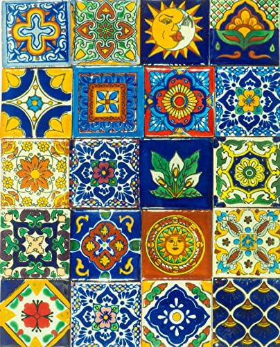 Mexican Talavera Tile Spanish Mediterranean Art Colorful 2"x2" Ceramic Hand Painted Mosaic for Bathroom, Wall, Mirror, Kitchen Rustic Decor Pottery (20)