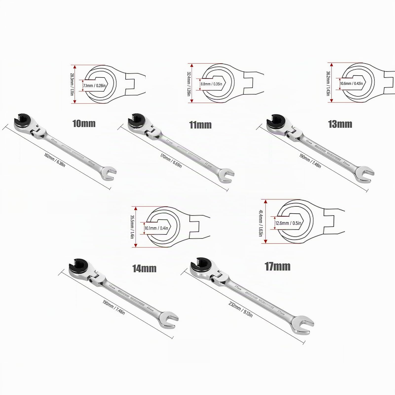 Juego de 5 Llaves de Carraca de Doble Boca con Cabezal Flexible, 10 11 13 14 17 mm Acero CR V 72 Dientes Ajustable a 180 Grados para Mantenimiento de Automóviles