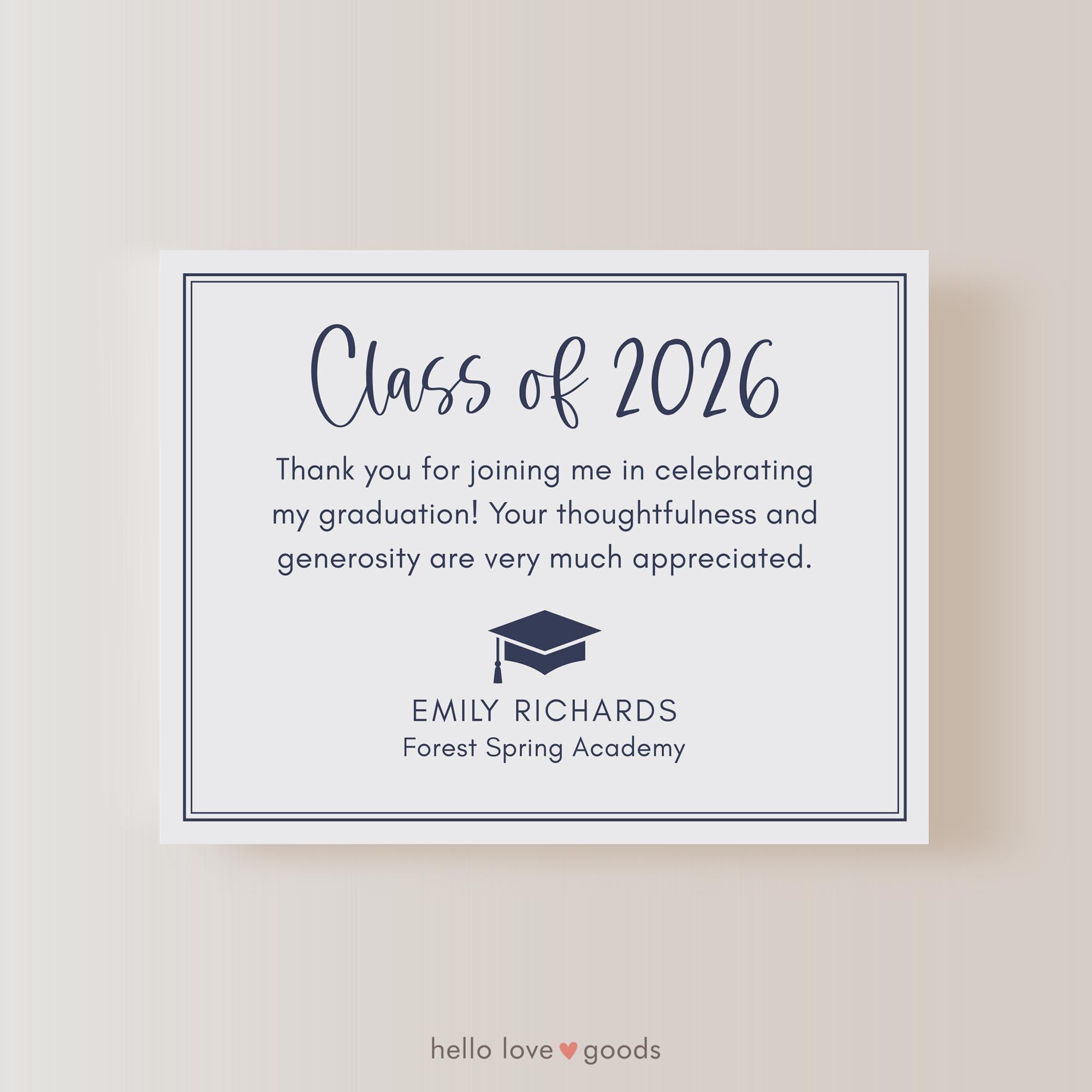 Amazon.com: Hello Love Goods Class of 2026 Graduation Thank You Cards,  Personalized with Name and School, 5.5x4.25 Flat Thank You Note Cards with  Envelopes (Navy and Light Gray) : Office Products