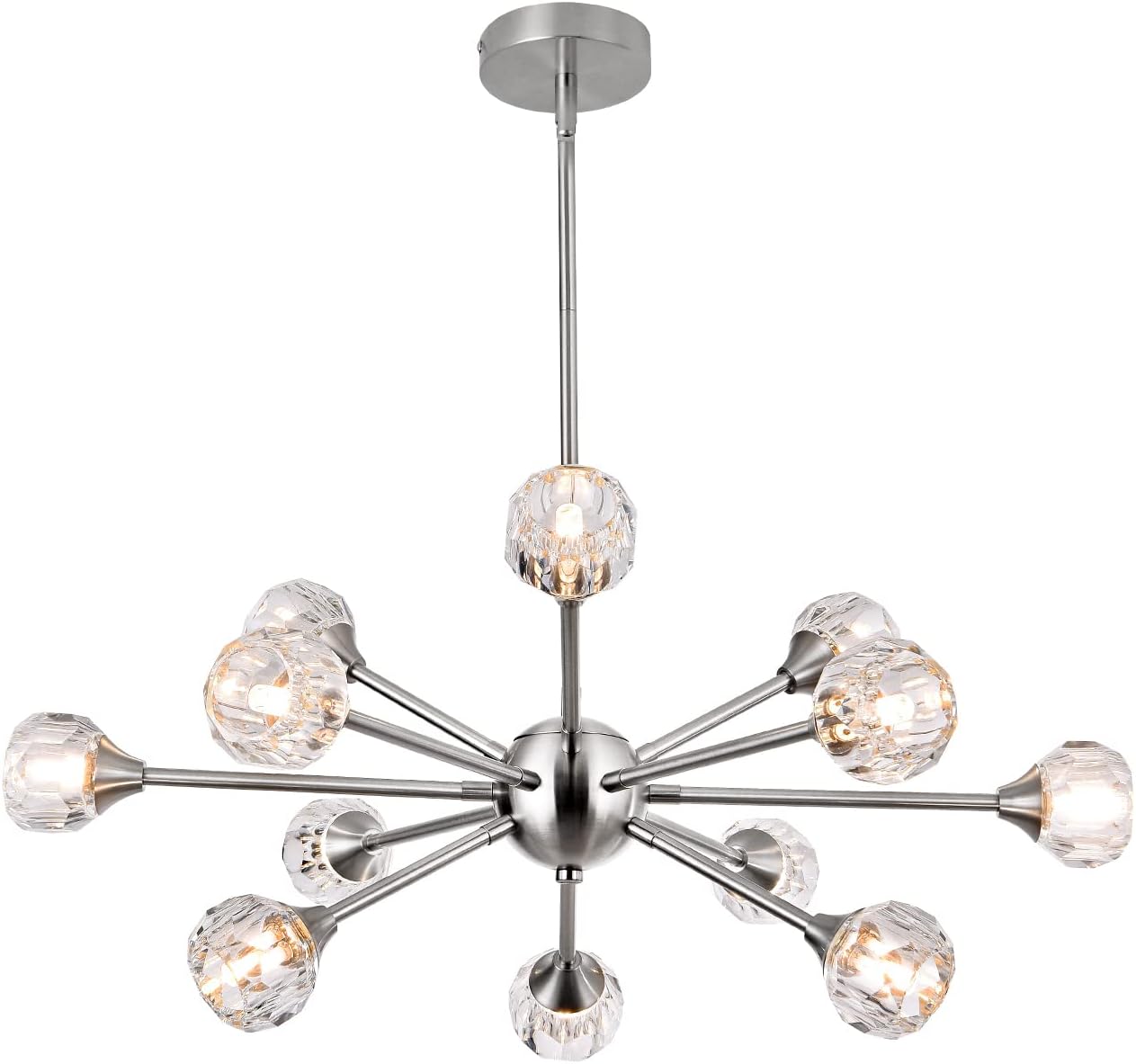 Modern Sputnik Crystal Chandelier, 12-Light Brushed Nickel Firework Chandelier, Mid Century Dandelion Pendant Light Fixture for Dining Room, Living Room, Bedroom, G9 Base (Bulbs Not Included)