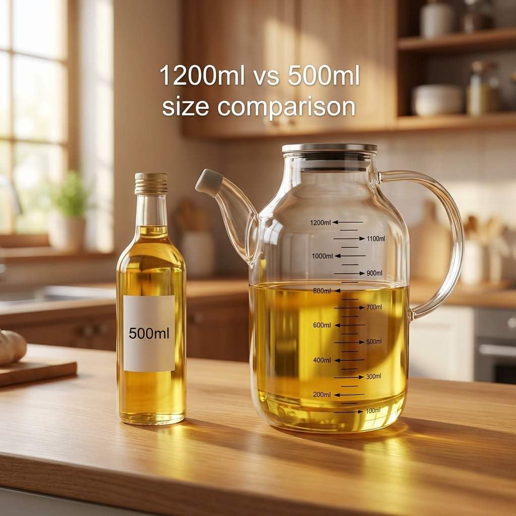 QWORK Botella grande de vidrio para aceite de cocina de 1200 ml, con tapa de acero inoxidable, dispensador de aceite y vinagre, para aceite de oliva, vinagre, salsa de soja, recipiente líquido sin