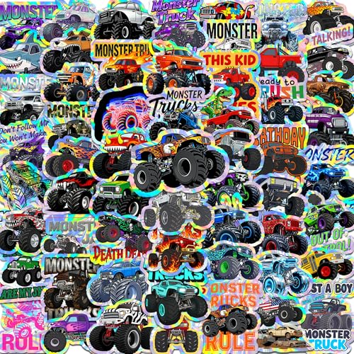 55PCS Holographic Monster Truck Stickers Waterproof Truck Monster Reward Decal for Water Bottles Laptop Car Monster Truck Party Favors Party Gifts (Holographic)