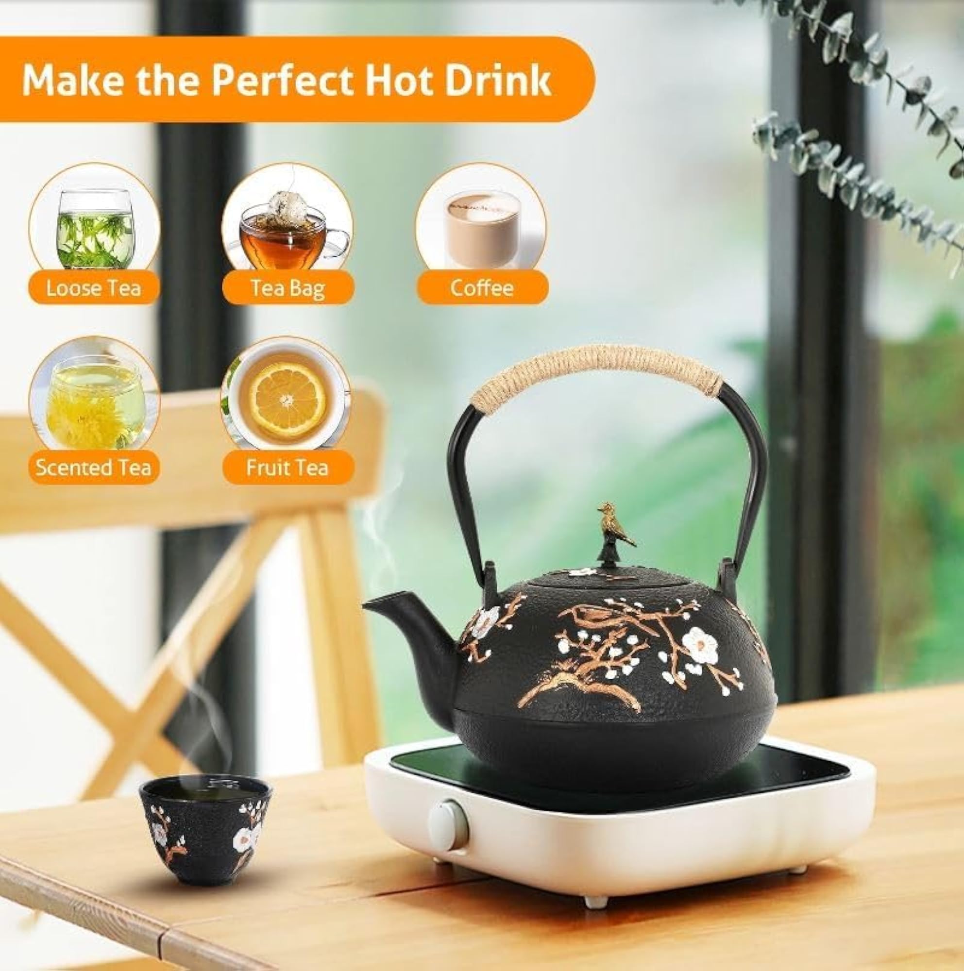 Cast Iron Japanese Teapot with Enameled Interior and Stainless Steel Infuser
