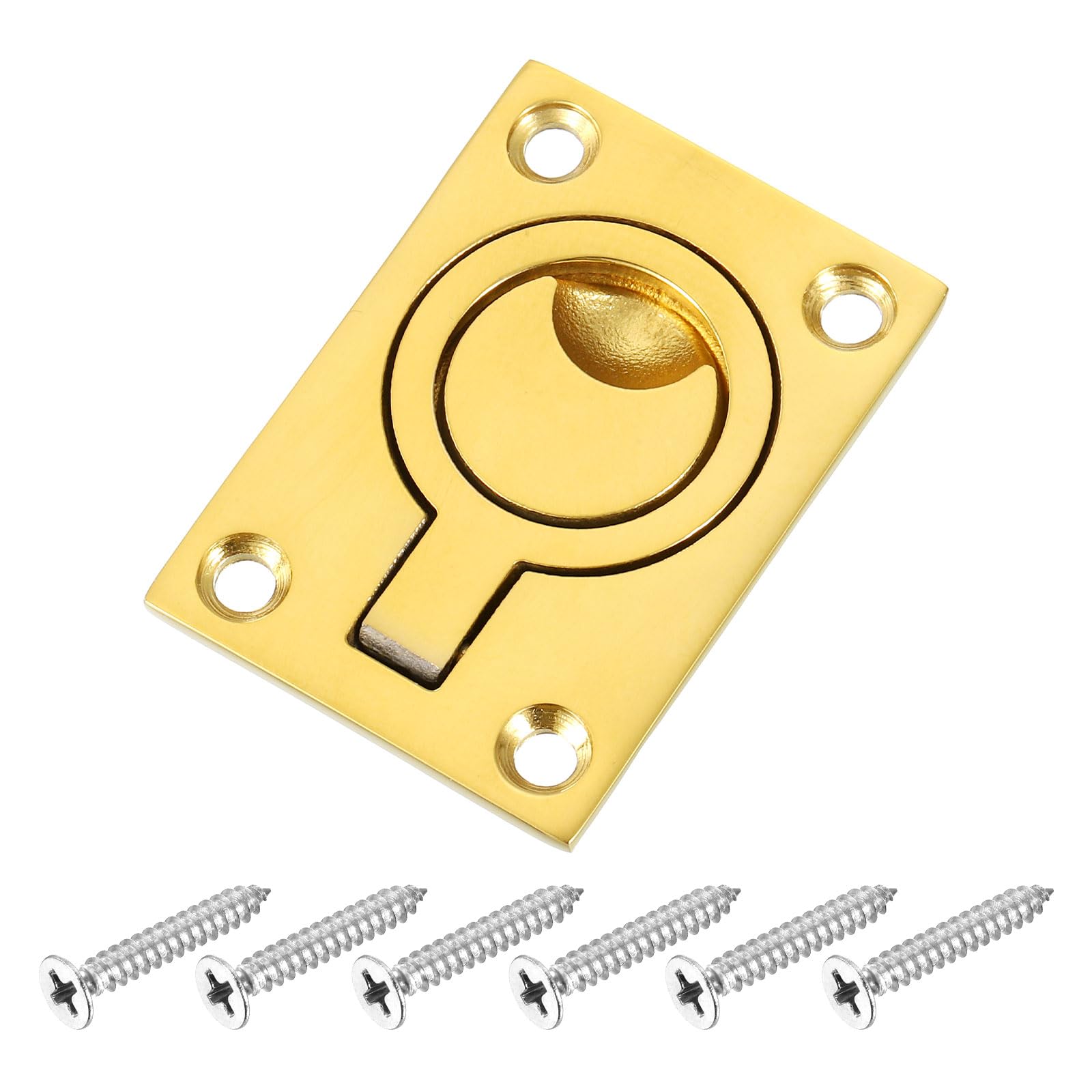 sourcing map Flush Ring Pull, 2.48-inch x 1.73-inch Stainless Steel Rectangle Recessed Door Pull with Screws for Furniture, Boat, Brass Tone