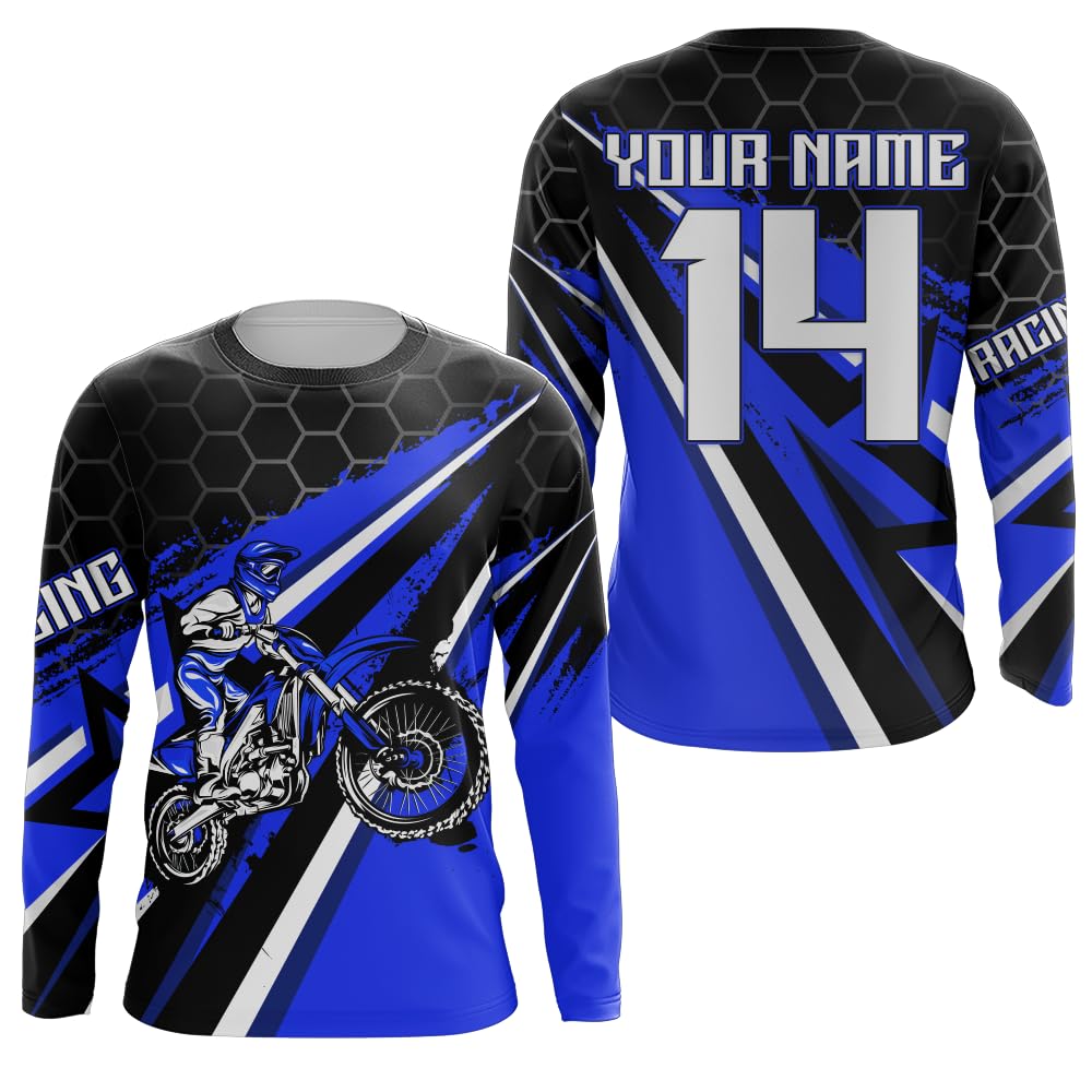 PIONAMZIOZ Personalized Motocross Jersey UPF30+ Dirt Bike Off-Road Kid Men Women Motocross Shirt Motorcycle Racing PDT (Blue)