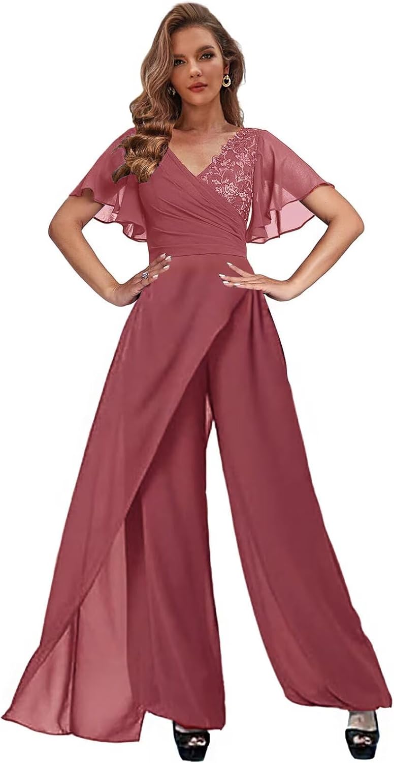 Chiffon Mother of The Bride Pant Suits - Lace Applique Jumpsuit for Wedding Guest Short Sleeves Women Formal Dressy