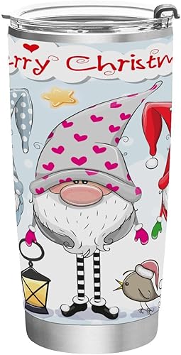 Vaso de gnomos de nieve de Navidad con tapa y pajilla, vaso aislado de acero inoxidable, taza de café de viaje de doble pared, tazas térmicas al