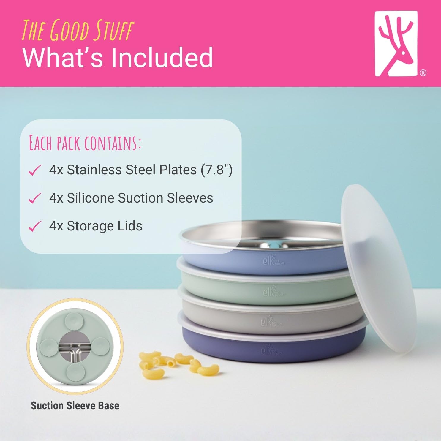 Elk and Friends Platos de acero inoxidable subdivididos con funda de silicona para bebés y niños pequeños, tapa incluida, ventosa, platos de comida y aperitivos, 4 unidades