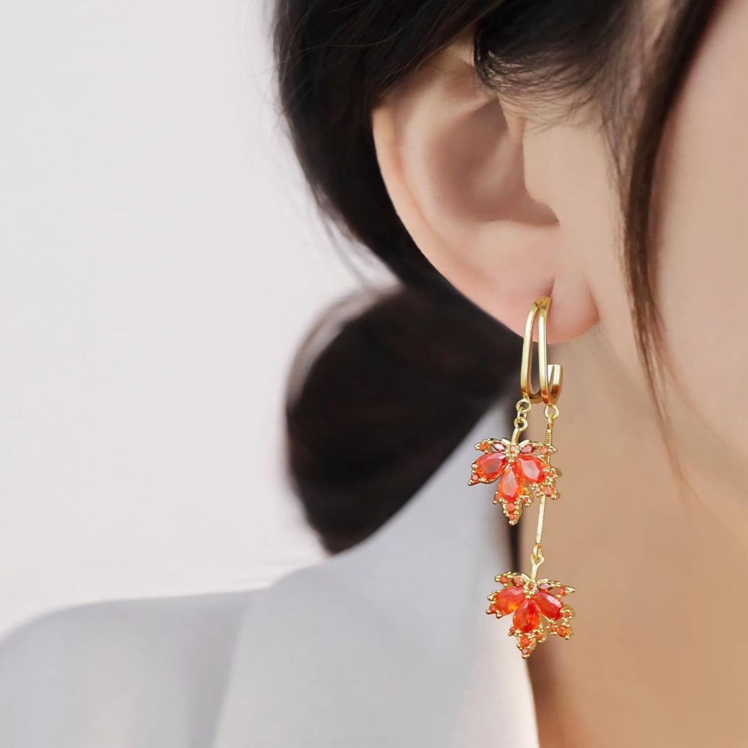Red Maple Leaf Earrings for Women Elegant Fall Hot Red Orange Plant Leaves Sparkly Crystal Cubic Zirconia Lightweight Long Tassel Threader Dangle Earrings for Autumn Thanksgiving Day Party Holiday Trendy Jewelry Gifts - Image 3