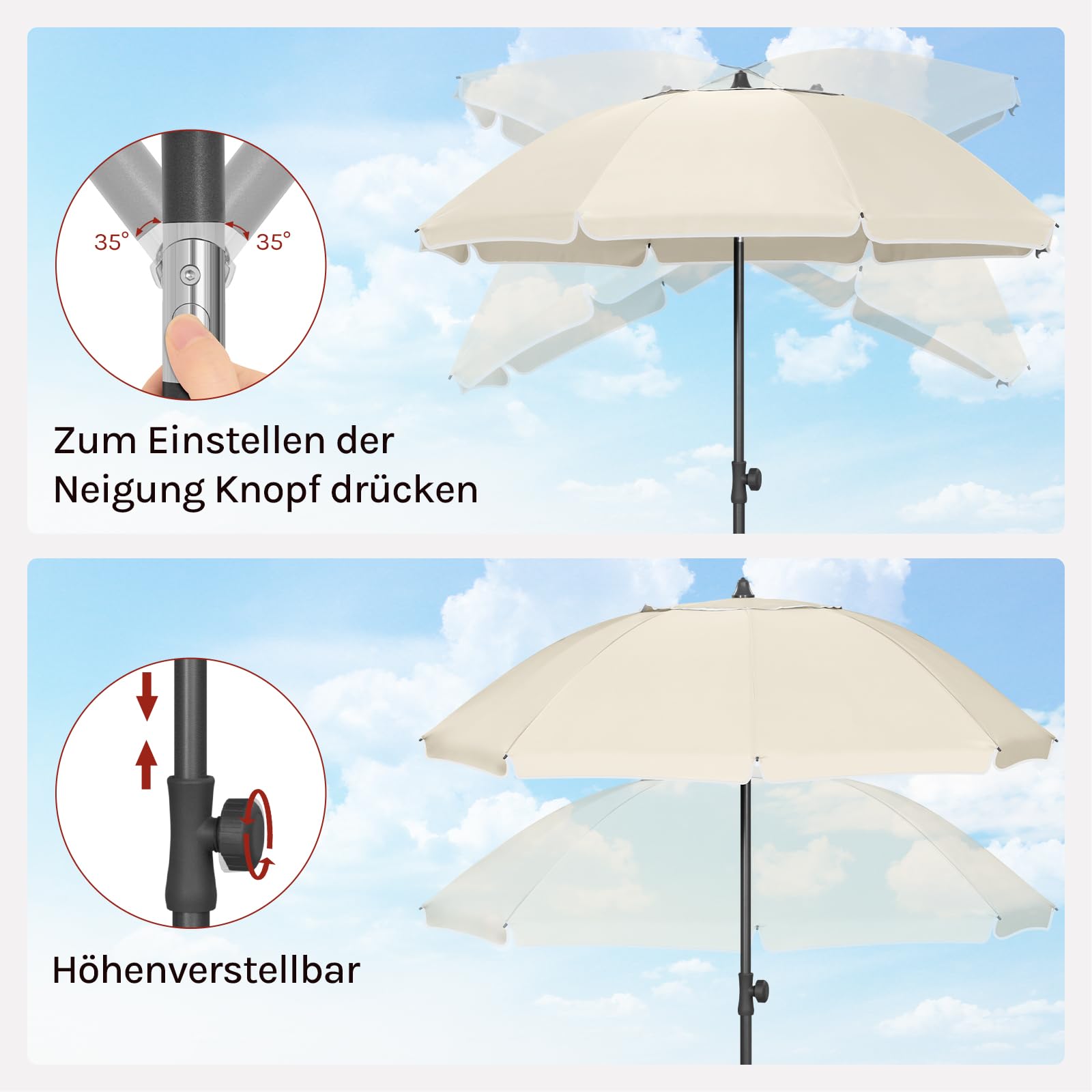 WOLTU Sonnenschirm Balkon φ155cm, UV-Schutz Strandschirm UPF 50+, Höhenverstellbar und Knickbar, Tragbar mit Tragetasche, Belüfteter Rundschirm für Balkon Garten Strand, Beige