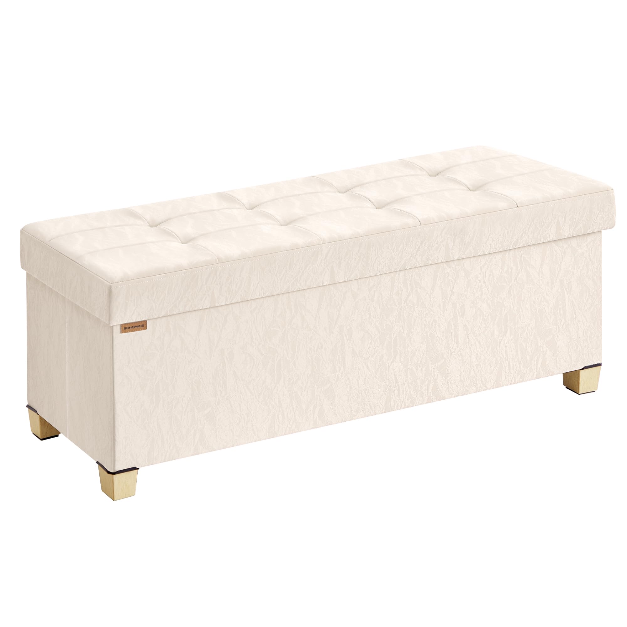 SONGMICS Pouf Contenitore, in Pelle Sintetica, Sgabello Poggiapiedi Pieghevole, Portata 300 kg, 110 x 38 x 40 cm, per Camera da Letto e Ingresso, Bianco Crema, Collezione Minota LSF524WD01