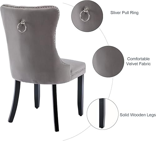 Miniatura 5 de Juego de 4 sillas de comedor de terciopelo gris, sillas de comedor tapizadas con tirador de anillo trasero, ribete de cabeza de clavo y patas de