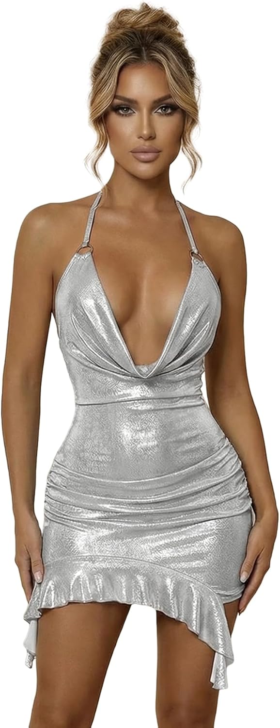 OYOANGLE Women's Metallic Cowl Neck Ruched Sleeveless Halter Short Dress Backless Y2K Going Out Dresses